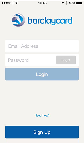 The login screen of the Barclaycard Anywhere app.