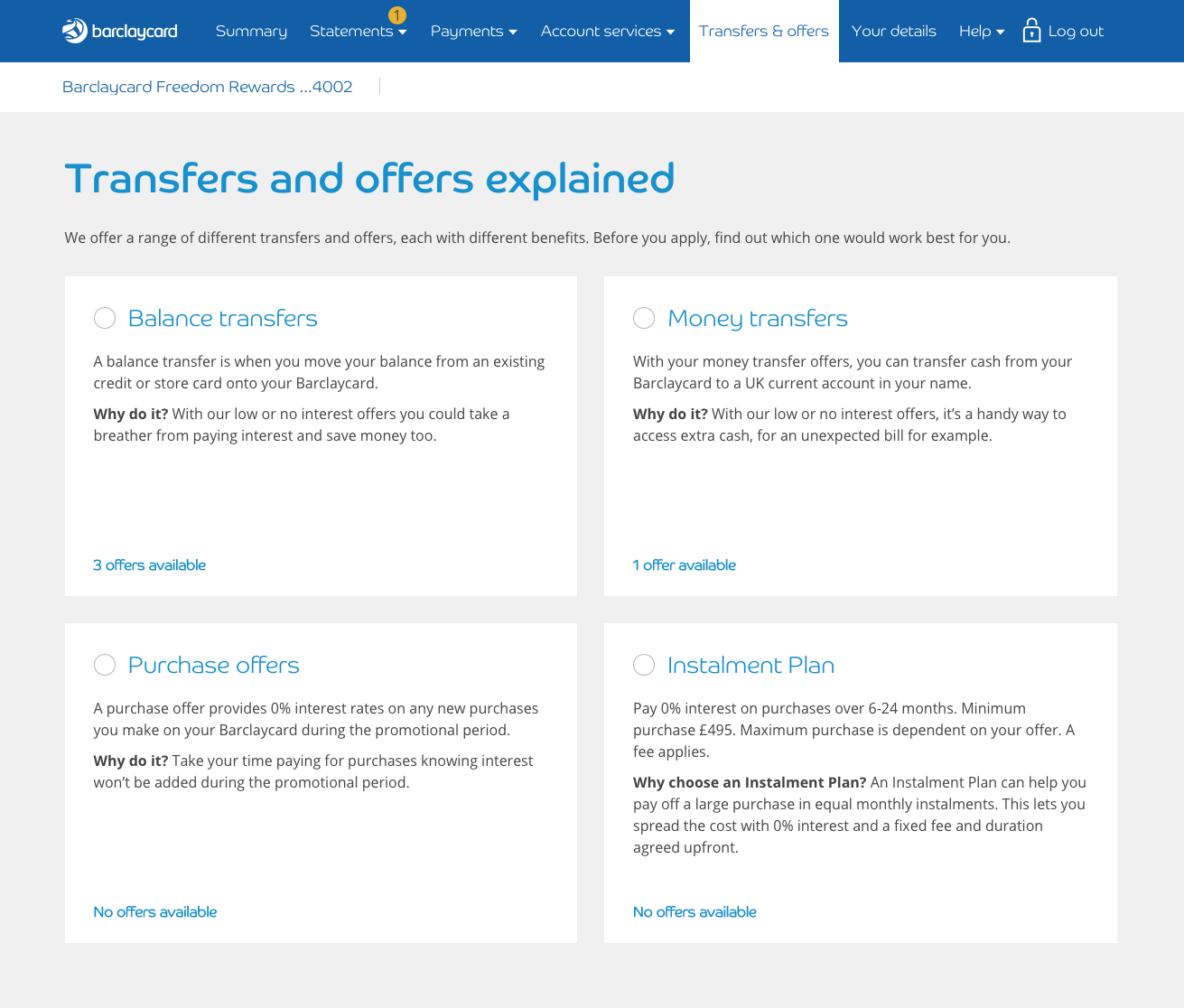 Screenshot showing transfers and offers page
