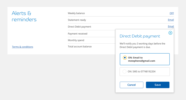 Screenshot showing how to change your Direct Debit payment alert