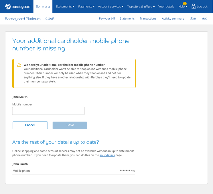 Screenshot showing reminder that additional cardholder mobile number is missing