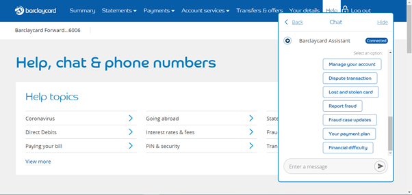 Screenshot showing Barclaycard assistant chat window